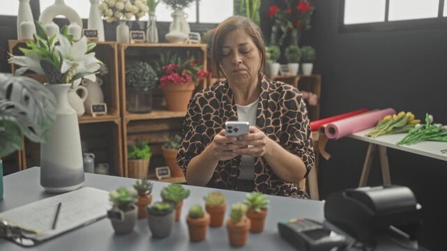Woman florist holds smartphone and taps screen beside rows of small potted succulents and a receipt printer on a work counter in studio; pensive waiting.