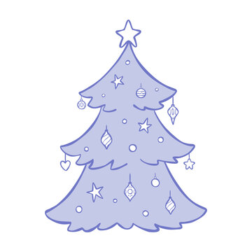 Charming hand-drawn line illustration of a decorated Christmas tree. Stylized vector clip art for holiday greeting cards, stickers, prints, or posters. 