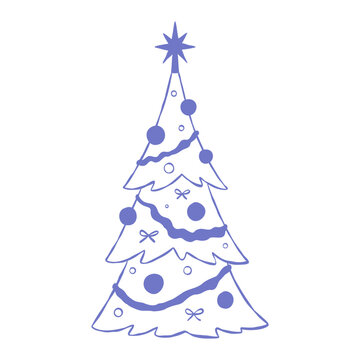 Minimalist stylized line illustration of a decorated Christmas tree. Hand-drawn vector clip art for holiday prints, greeting cards, stickers, or web. 