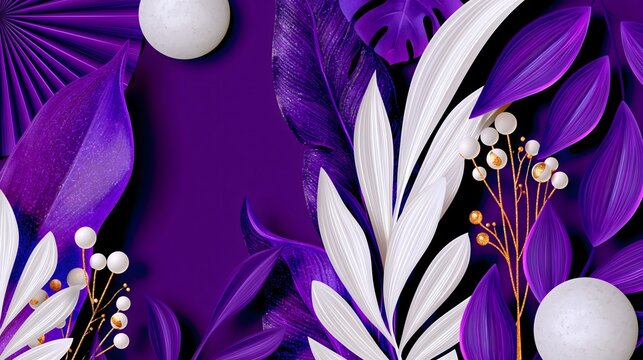 Purple tropical leaves and gold berries background with copy space for luxury design