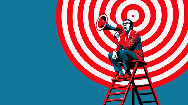 Businessman with megaphone standing on ladder in front of red target symbolizing marketing reach