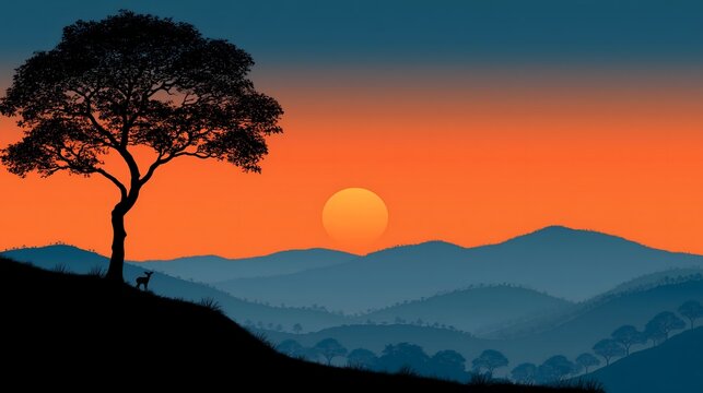 Silhouette of lone tree and deer on hillside at mountain sunset