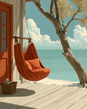 Orange hammock chair on beach porch overlooking ocean and sailboats under blue sky