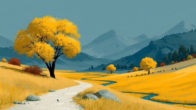 Golden autumn field landscape with winding path and distant mountains