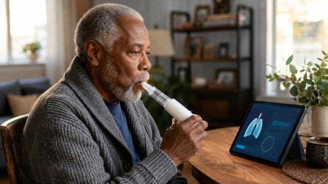 Senior man using digital spirometer for respiratory health monitoring at home. Telemedicine device measuring lung function with tablet app. Innovative remote healthcare technology concept.