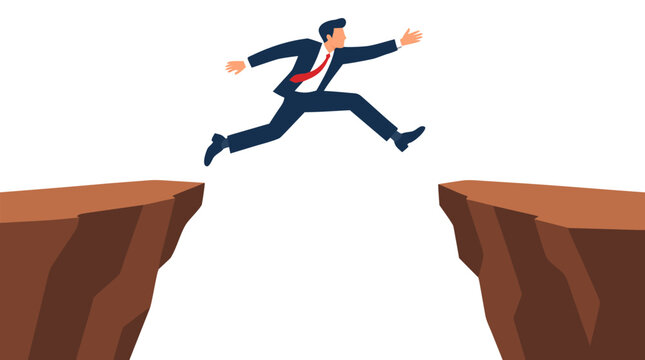 A daring businessman in a suit leaping across a wide canyon gap between two brown rock cliffs with arms outstretched, dynamic flat vector illustration set against a clear white background