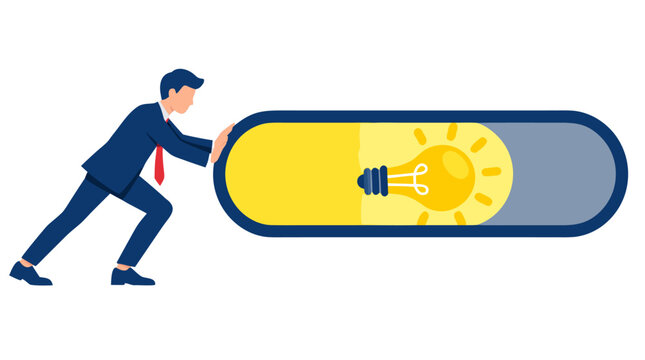 A businessman pushing a giant loading progress bar containing an illuminated yellow lightbulb, idea development concept modern flat vector illustration set against a clean white background
