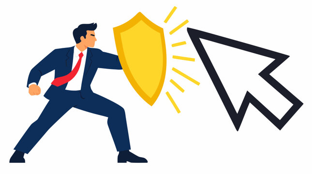 A determined businessman raising a glowing golden shield to block a giant black computer mouse arrow pointer, digital privacy and cybersecurity flat vector illustration over a clean white background