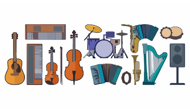 Modern Musical Instruments Collection Guitar Violin Drum Saxophone Harp