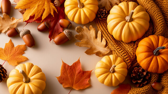 Autumn display with pumpkins, leaves, and acorns set on a cozy blanket during the fall season