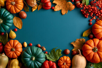 Fototapeta premium Arrangement of pumpkins, peppers, leaves, and nuts on a blue surface during autumn