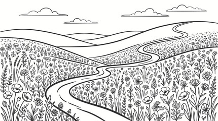 Fototapeta premium Black and white line art illustration of a winding road through a field of wildflowers and rolling hills under a cloudy sky, perfect for a coloring book.