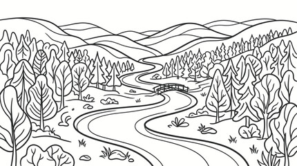 Fototapeta premium Black and white line art illustration of a winding river flowing through a forested valley with rolling hills in the background, perfect for coloring.
