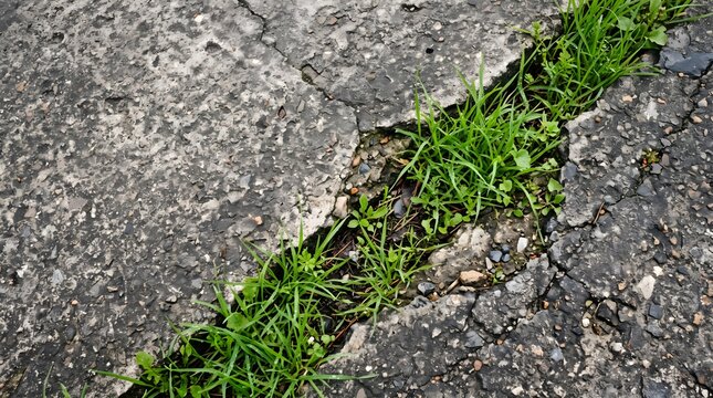 Green grass growing through a deep crack in old weathered asphalt pavement with pavement concrete resilience strength