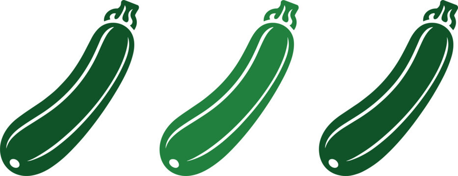 Fresh Green Zucchini Vector Icon Set with Three Whole Cucumbers or Courgettes for Healthy Eating Cooking Recipes and Grocery Store Graphics