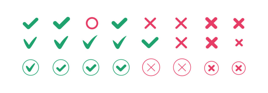 Collection of green checkmarks and red crosses in various sizes and styles on a white background