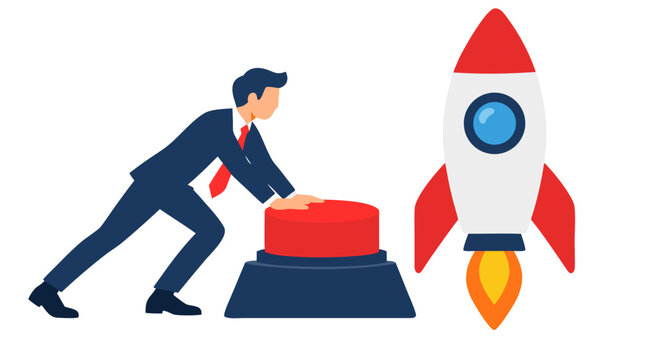 Businessman in formal blue suit leaning forward to press a giant red launch push button beside an ascending space rocket with flaming exhaust, business startup takeoff vector illustration