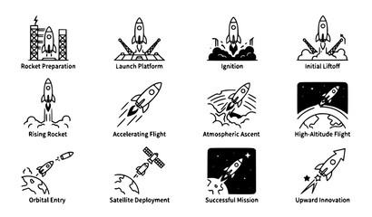 Fototapeta premium Black Rocket Launch Stage Icon Set for Startup Branding Technology Innovation Business Presentation and Creative Digital Vector Projects