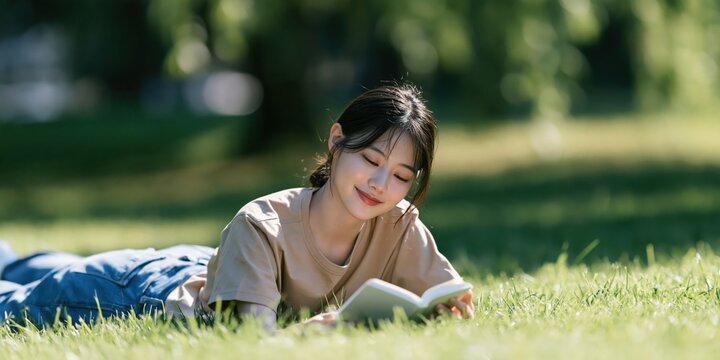 Young woman reading book outdoors on grass in park for relaxed lifestyle background and banner design