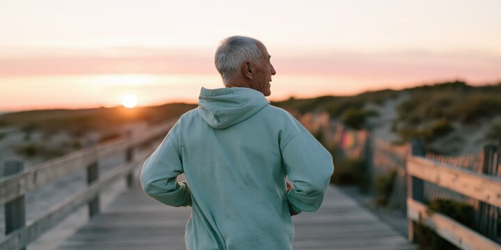 Senior man in light green hoodie on boardwalk watching sunset over dunes for retirement lifestyle background and calming wallpaper