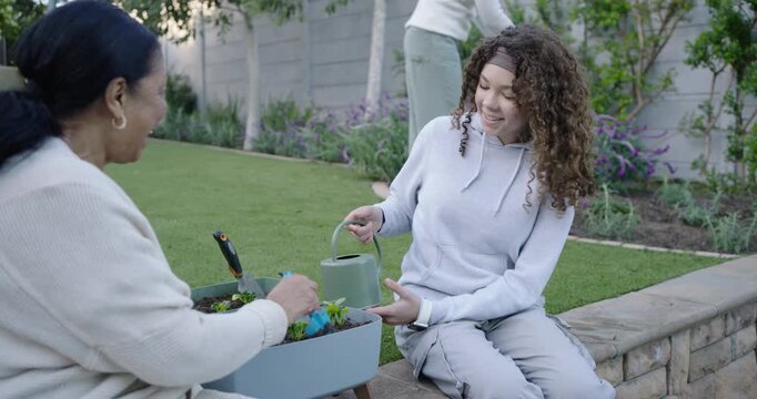 3-gen women planting in backyard planter, youth offering green watering can, adult tending soil