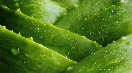 Fototapeta premium Closeup aloe leaf with ellipsoid water beads and fleshy texture, soft shallow depth of field emphasizes smooth skinlike surface, calm green tones deliver minimalist cosmetic background for hydration