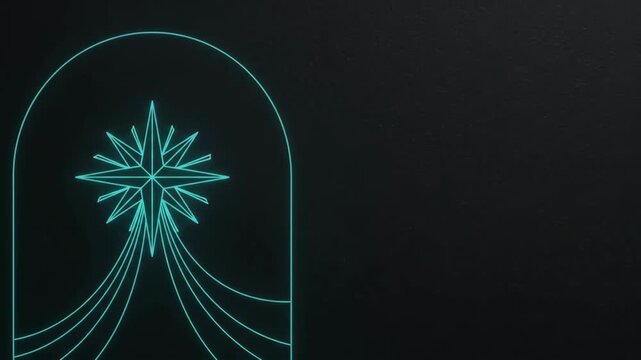 glowing neon cyan star with trailing lines inside arched frame on dark textured background. minimalist geometric abstract design. winter holiday decoration, festive christmas greeting card, 