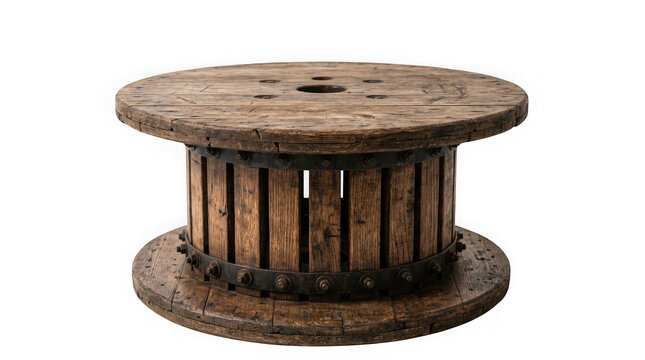Rustic wooden cable spool table isolated on transparent background