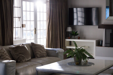 Obraz premium Light-colored sofa is sitting left of center in living room near French doors with coffee table