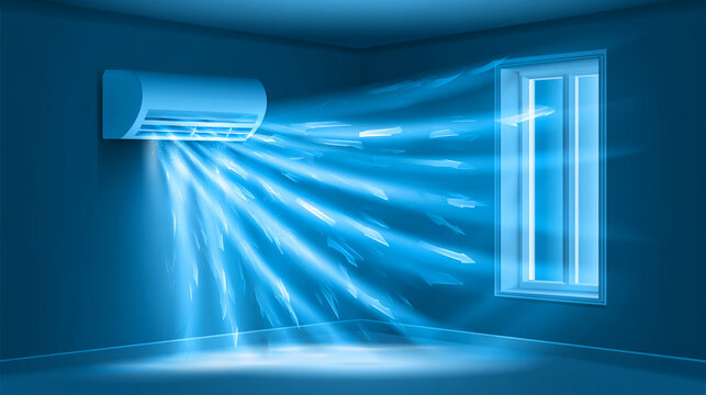 Cool air flows from an air conditioning unit in a room with a window during a hot summer day