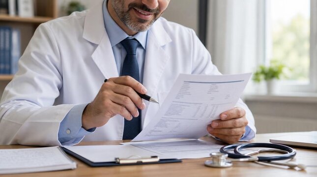 Close-up of a smiling male doctor in a white coat reviewing a printed medical report at a wooden desk with a stethoscope, pen in hand, in a bright clinical office setting