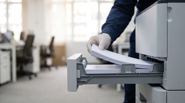 Office worker wearing gloves loading a stack of white paper into the printer tray in a office environment