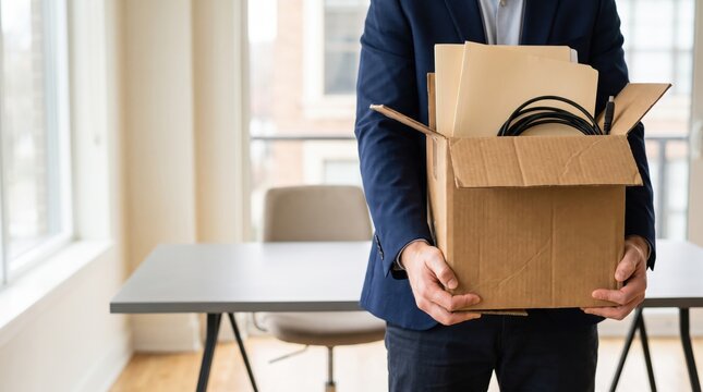 Closeup of a man in a suit holding a cardboard box filled with personal belongings, representing job loss, resignation, or moving to a office