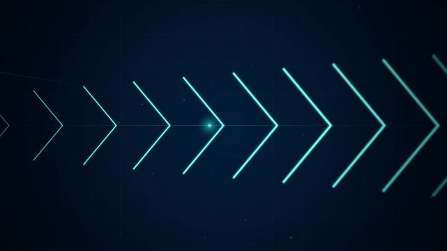 Abstract glowing neon blue arrows moving forward on a dark digital grid background, data stream and progress concept