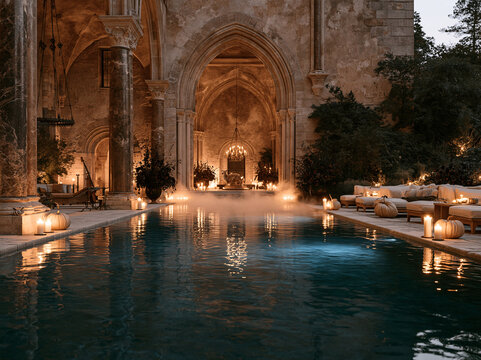 Grand vaulted stone indoor pool hall with dark marble columns, calm reflective water, candles and pale pumpkins for elegant Halloween styling.