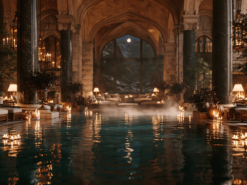 Grand vaulted stone indoor pool hall with dark marble columns, calm reflective water, candles and pale pumpkins for elegant Halloween styling.