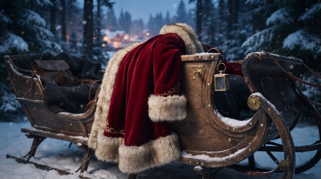 Santa&rsquo;s iconic red velvet coat rests on a classic wooden sleigh surrounded by fresh snow and softly blurred evergreens.