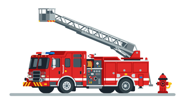A red municipal fire engine truck features an extended silver aerial turntable ladder with a rescue bucket parked beside a red street hydrant on white in this service vector illustration