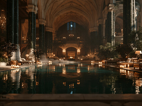 Grand vaulted stone indoor pool hall with dark marble columns, calm reflective water, candles and pale pumpkins for elegant Halloween styling.