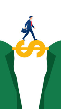 A confident businessman carrying a briefcase strides securely across a golden dollar sign bridge spanning between two green steep cliffs over an abyss in this finance vector illustration