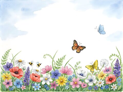 Spring Wildflower Meadow Border Vector Illustration Featuring Poppies Daisies Butterflies Bees and Soft Blue Sky