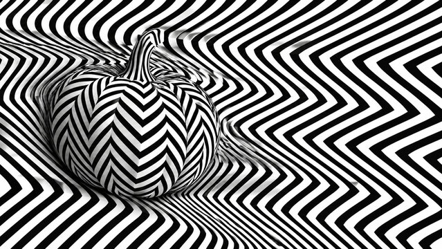 Optical illusion pumpkin with black and white stripes, trippy psychedelic autumn harvest concept, surreal monochrome hypnotic vegetable art