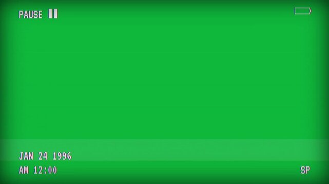 Vintage analog camcorder cassette tape pause symbol flashing UI text overlay seamless loop 4k green