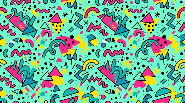 Vibrant nineties memphis pattern with geometric shapes on mint green background for print.