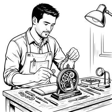 Young Man Repairing Mechanical Clock on Workbench Black and White Vector SVG