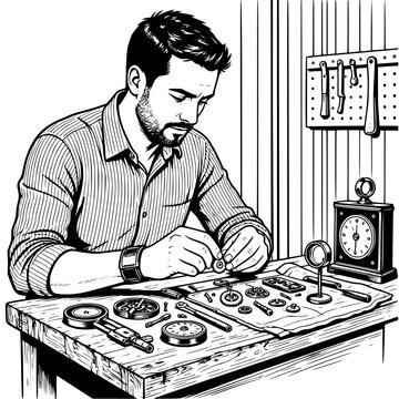 Young Man Repairing Mechanical Clock on Workbench Black and White Vector SVG