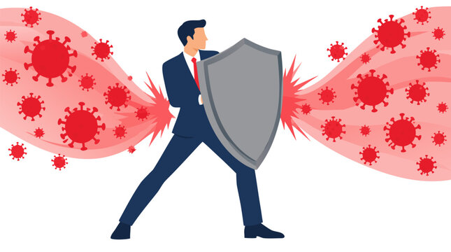 A resolute businessman in a dark blue suit holds a large gray metal shield to block streams of red coronavirus pathogens and flying debris in this immune protection vector illustration