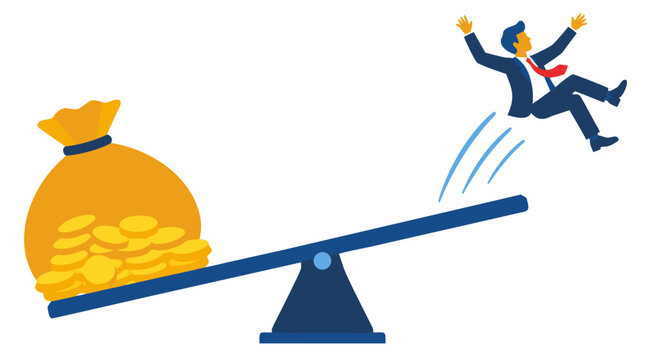 A male entrepreneur in a navy suit is catapulted into the sky from a blue seesaw lever as a giant yellow bag of gold coins lands on the other side in this financial vector illustration