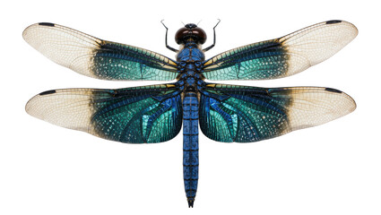 Blue and green iridescent dragonfly with translucent wings, isolated on transparent background © James