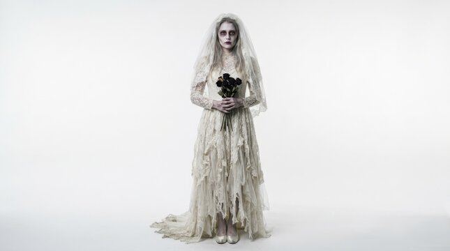 Ghostly bride in a tattered lace wedding dress holding black roses isolated on white background